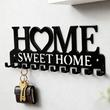 Porte-clés de maison, crochets de rangement avec 10 crochets, porte-clés mural pour entrée et couloir, noir