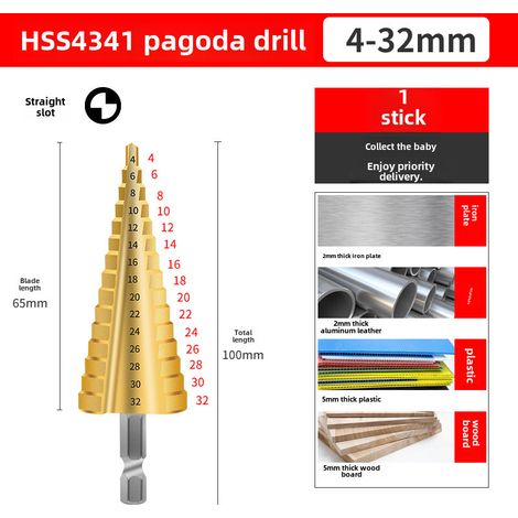 Alésoir à spirale universel Pagoda pour échelle, acier inoxydable, fer, aluminium, plaques, métaux (rainure droite 4-32) (1/5)