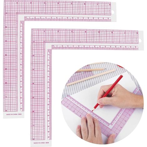 2 reglas de costura de plástico, cuadradas en L, para hilo de coser, medición de ángulos, transparentes, rosas, métricas, para principiantes, diseñadores, herramientas de bricolaje y artesanía de cuer (1/5)