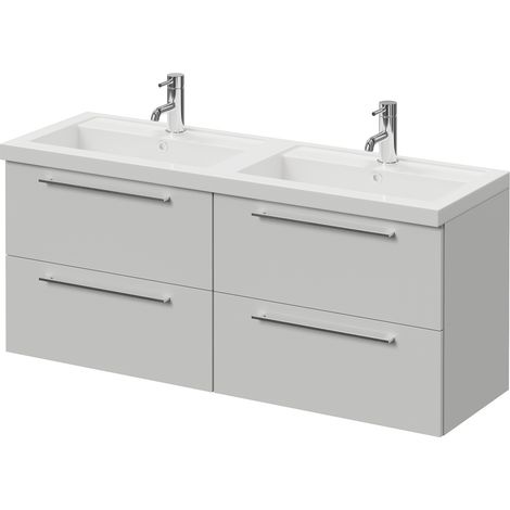 Napoli 390 Gloss Grey Pearl 1200mm Wall Mounted 4 Drawer Vanity Unit with Double Lucia Basins - 1200mm - Chrome 320mm Handle