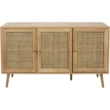 Altobuy – Buffet 3 portes 115x39x70 cm – Effet bois et façades en rotin – Piétement en eucalyptus – Design naturel pour intérieur apaisant (1/5)