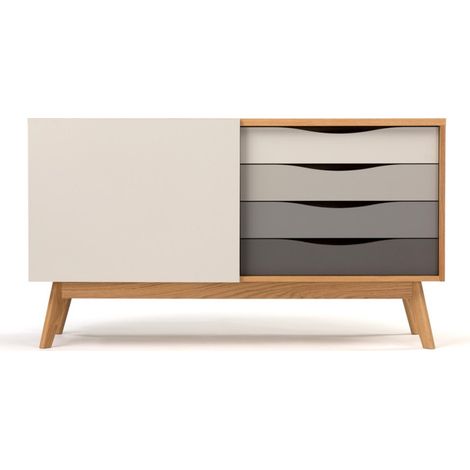 Buffet 4 tiroirs & 1 porte "Avon" 128cm Chêne & Gris (1/5)