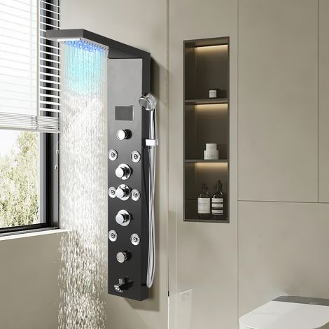 SWANEW Panneau Colonne de Douche Hydromassante avec Robinetterie, Faire Fonctionner 6 Douches à la fois Acier Inoxydable 304, Surface en titane Noir (1/5)