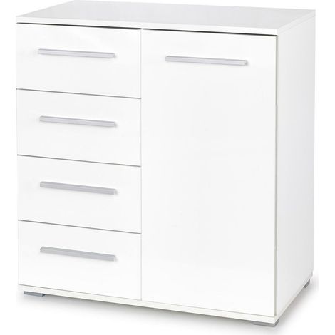 Cómoda Cirveso 101, Blanco + Blanco brillante, Con cajones y puertas, Número de cajones: 4, 82x77x40cm