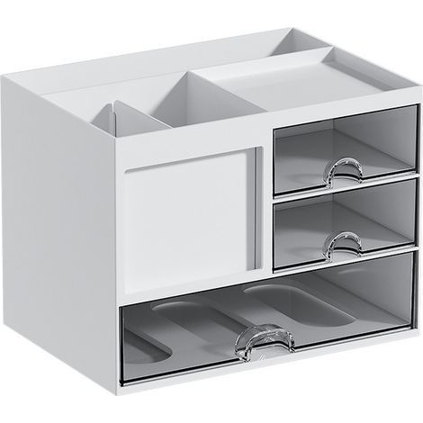 Boîte de rangement de bureau – 3 tiroirs – Porte-crayons multifonctionnel – 8 compartiments – PS – Blanc (1/5)