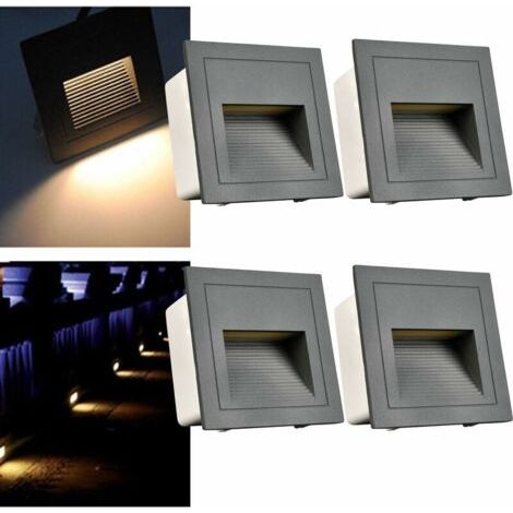 Lot de 4 Appliques Murales Encastrables LED 3W Marches d'Escalier Aluminium 230V Blanc Chaud IP65 Etanche Spots Encastrables Boîtier Gris