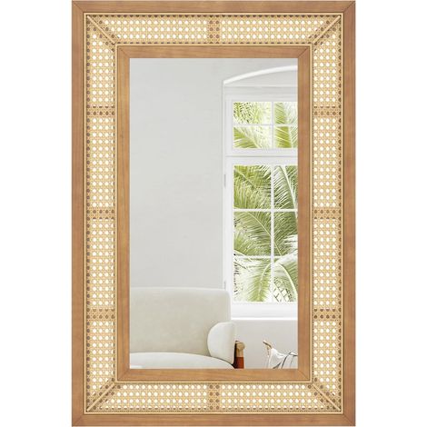 GOPLUS Miroir Mural Rectangulaire en Rotin, 90 x 60 cm, Cadre en Bois, Verre en Aluminium, Miroir Bohème Décoratif Rustique pour Salon, Chambre, Entrée, Salle de Bain, Naturel
