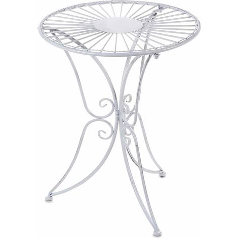 Tavolini tondi in metallo bianco anticato effetto vintage con gambe a farfalla, ideale per allestimento dehor, vetrine ed eventi, Ø 44 cm x 54 H