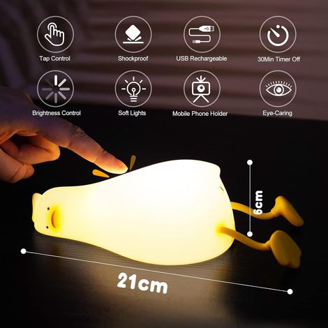 Lámpara de noche de silicona con forma de pato, carga USB, temporizador, 1200 mAh, control táctil, 3 niveles de brillo, para bebés.