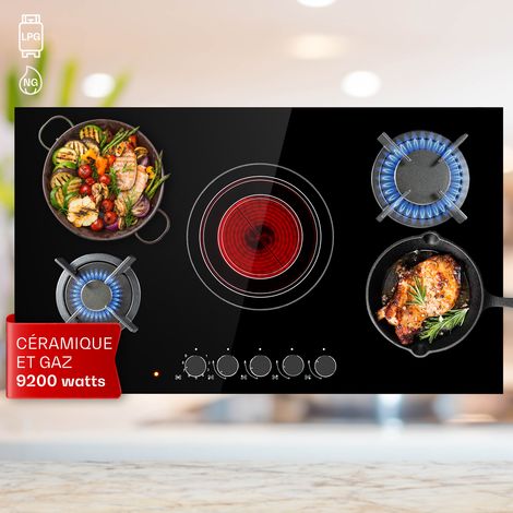 Klarstein – Plaque de cuisson gaz et vitroceramique 5 feux – Puissance 9.2 kW – Encastrable en acier inoxydable – Brûleurs à allumage sécurisé