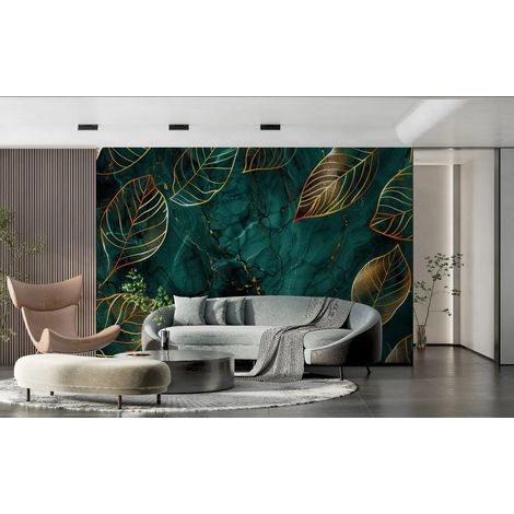 Papier Peint Feuillage - Feuilles Dorées sur Émeraude - 400 x 260 cm (1/2)