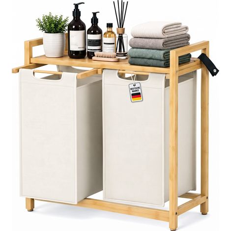 Roxlin Bambus Wäschekorb 100L mit 2 Fächern – Wäschesammler mit herausnehmbaren Stofftaschen, faltbarer Wäschekorb für Bad & Schlafzimmer - Crème