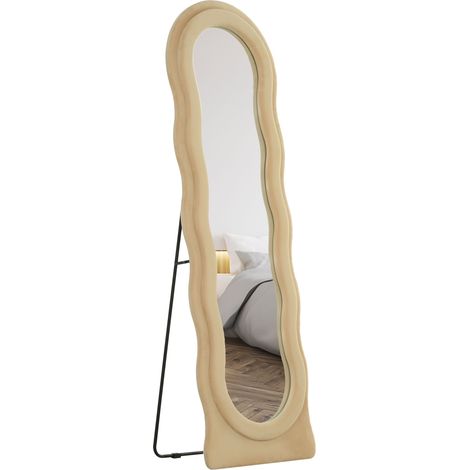 HOMCOM espejo de cuerpo entero 160x50 cm espejo de pie o de pared diseño ondulado marco con tela de terciopelo para salón dormitorio beige