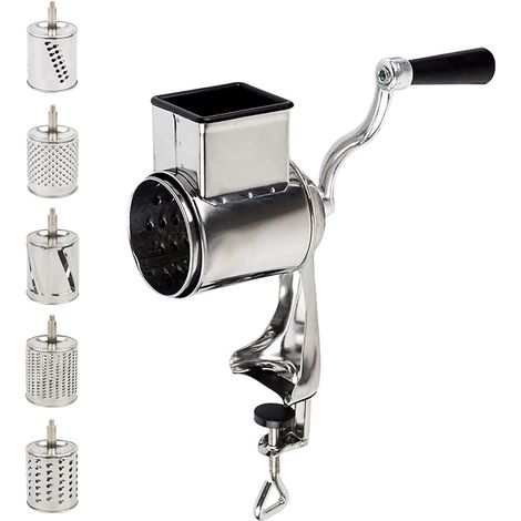 Râpe à pommes de terre manuelle - Robot de cuisine avec 5 tambours - Râpe manuelle - Mandoline à légumes - Forte aspiration - Idéal pour concombres, noix de fromage, carottes, etc. - Blanc