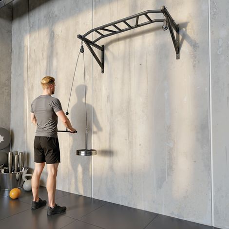 Barra per trazioni a parete, barra fitness multi-presa, sistema di pulegge a cavo, portata 200 kg, acciaio, 126x60x45,5 cm, nera (1/5)