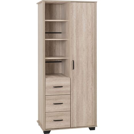 Oliver 1 Door 3 Drawer Open Shelf Wardrobe - L52 x W80 x H190 cm - Light Oak Effect (1/5)