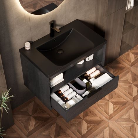Meuble sous vasque avec 1 Tiroir et 1 Étagère ouverte, Vasque intégrée en céramique, pour Salle de Bain, 75 cm (1/5)