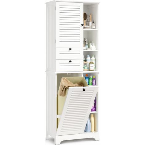 Colonne de Salle de Bain avec Panier à Linge - 2 Tiroirs, Portes à Lamelles - 60x37x170 cm (1/5)