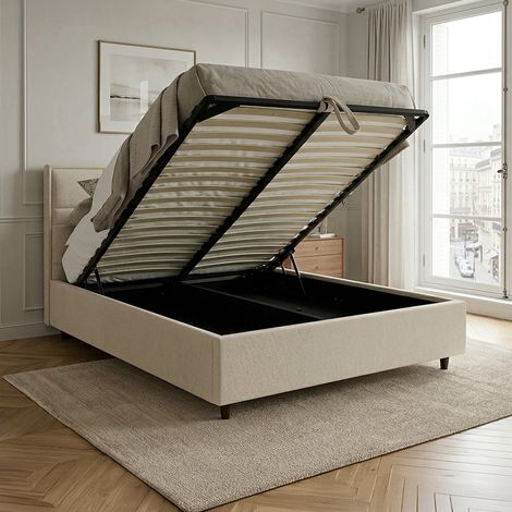 SANEL Lit double en tissu beige avec coffre 160x200 cm (1/5)