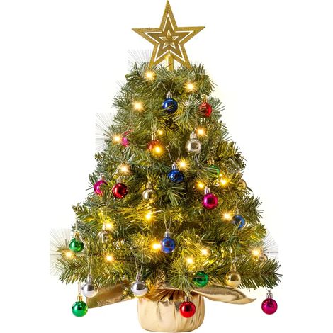 Petit sapin de Noël artificiel pré-éclairé à DEL verte de 61 cm avec lumières avec étoile et décorations à suspendre, mini sapin de Noël artificiel pré-éclairé à DEL vertes pour décorations (1/5)