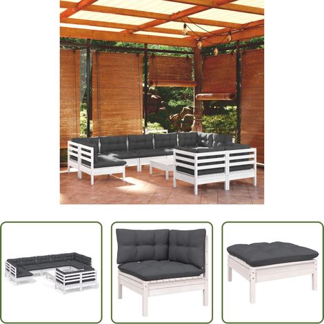 Terrassensofa - 10-tlg. Garten-Lounge-Set mit Kissen Weiß Kiefer Massivholz (1/5)