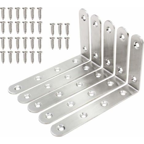 Support angle droit  125x75 mm - Bord rond - Acier inoxydable 6 trous - Pack 5 pièces (30 vis) (1/5)