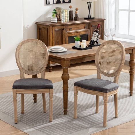 Lot de 2 chaises de salle à manger style français en tissu lin gris, dossier cannage et structure bois massif (1/5)