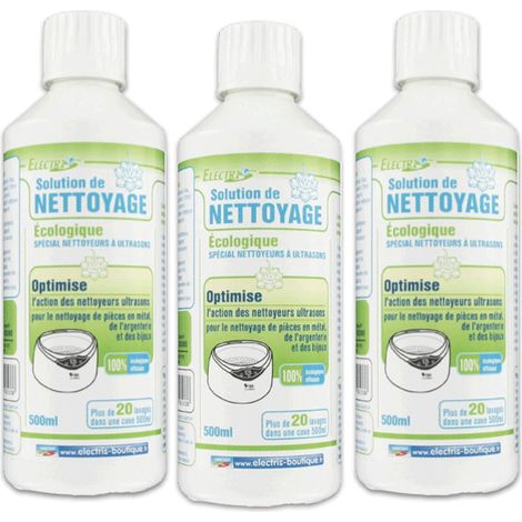 Lot de 3 solutions liquides écologiques pour nettoyeurs ultrasons – 500 ml par bidon – Nettoyage pièces en métal, argenterie, bijoux – Electris