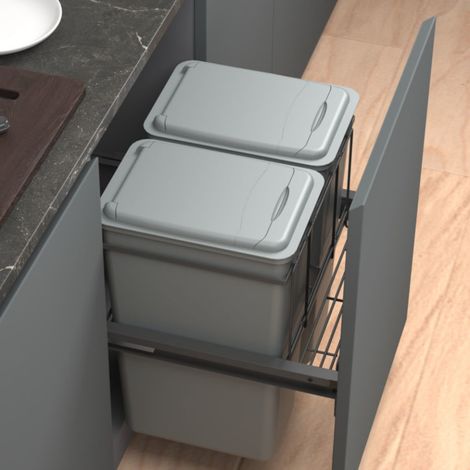 Cubos de Basura y Reciclaje Extraíbles para Mueble de Cocina 60 cm - 2 x 40 L, 80 L, Guías Extracción Total y Freno (1/2)