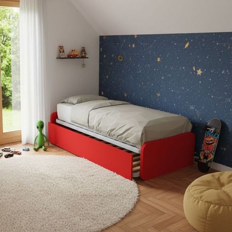 Letto singolo con letto estraibile, trasformabile in matrimoniale. Testate personalizzabili, reti in acciaio e doghe in faggio - Rosso