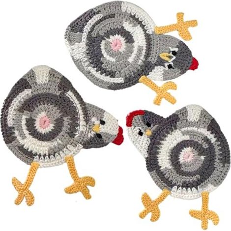 3 posavasos divertidos de pollo tejidos a mano, posavasos de ganchillo para decoración (1/4)