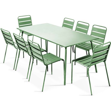 Oviala – Ensemble table de jardin rectangulaire 8 places en acier thermolaqué – Chaises empilables avec assise ajourée – Résistant aux intempéries