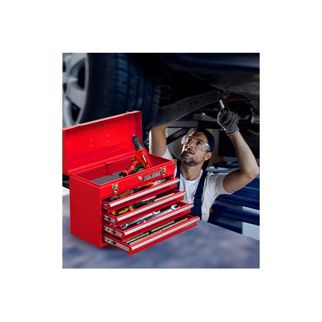 Coffre à outils en métal avec 4 tiroirs, 51,5 cm, rouge, avec serrure, OKWISH (1/5)