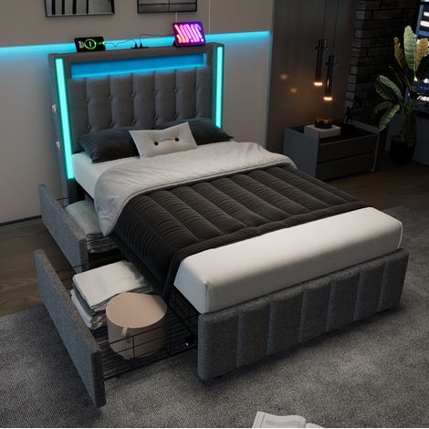 Cama tapizada 90/200 cm gris de lino con LED, USB-C y 2 cajones (1/5)