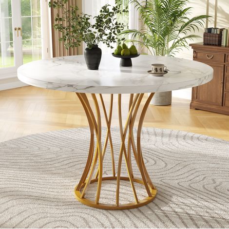 MEUBLIV Table à manger ronde 80x80x76 cm dorée – plateau effet marbre, 4 à 6 places (1/5)