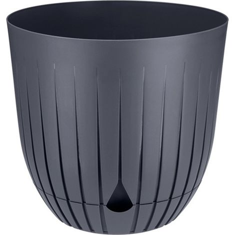 Vaso da fiori in plastica BRITTA con sottovaso, misura 2, diametro 16 cm, motivo scanalato e rigato, plastica, antracite, opaco (1/4)