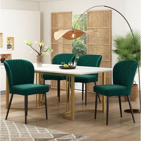 Set da pranzo in MDF bianco e velluto verde, 4 posti, moderno, con sedie imbottite e tavolo stabile (1/5)