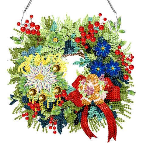 Kit de couronne de Noël en strass 5D « LOVE » avec motif de bonhomme en biscuit, à réaliser soi-même. Décoration à suspendre pour fenêtre ou porte. Cadeau idéal pour les amateurs de biscuits de Noël. (1/5)