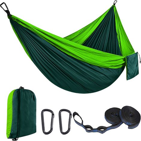 Hamaca ligera y portátil, de secado rápido, ideal para acampar, jardinería y la playa (270 x 140 cm - verde claro y verde oscuro). (1/5)