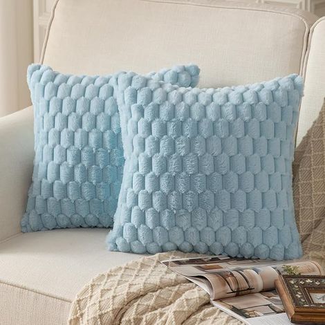 Doux Peluche Moelleux Housses de Coussin Fausse Fourrure Laine Velours Taie d'oreiller Canapé Chambre à Coucher Le Salon Bleu 40 x 40 cm (1/4)