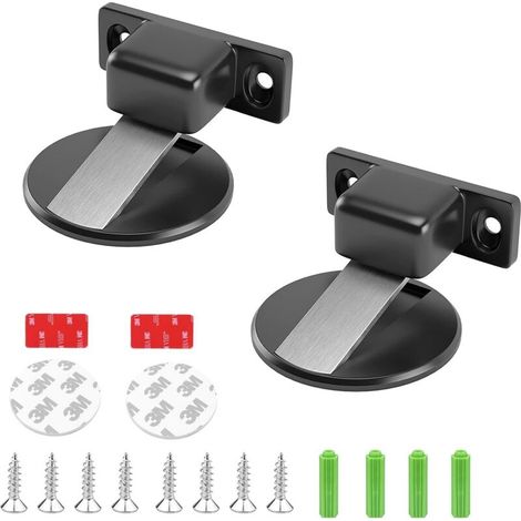 Set di 2 fermaporta magnetici in metallo autoadesivi a scomparsa, con adesivo e viti (neri) (1/5)