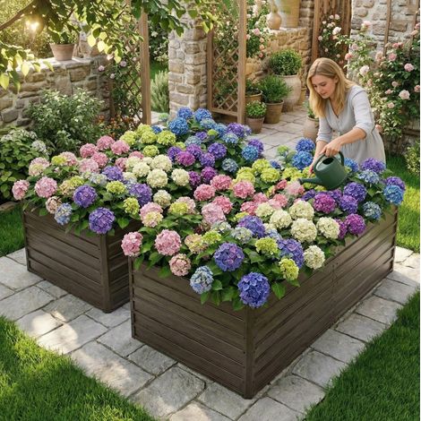 Jardín elevado de metal de 219x112x64 cm con base abierta, resistente, aspecto madera marrón (1/5)