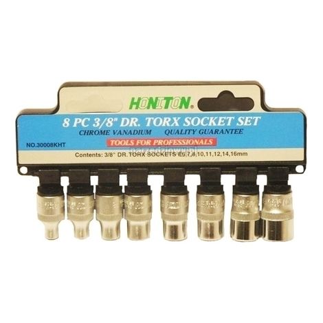Juego de 8 vasos Torx 3/8", Honiton 3008, herramienta profesional para apriete y aflojado de tuercas, alta precisión, resistencia superior y durabilidad en trabajos mecánicos.
