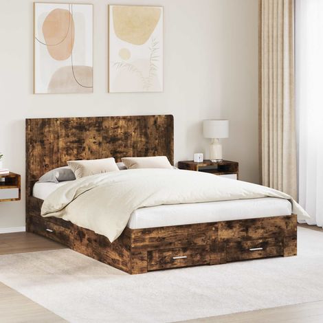 vidaXL Estructura de cama con almacenamiento y cabecero Roble Ahumado (1/5)