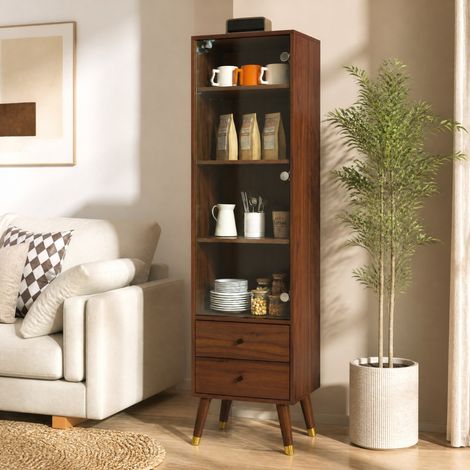 Vetrina alta moderna in MDF color noce con anta in vetro e 2 cassetti (1/5)