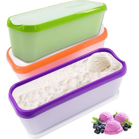 Set of 3 reusable 1.5L ice cream containers with lids for ice cream, sorbet, yogurt, BPA free (combination 1) (1/5)