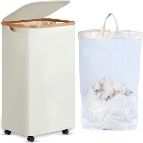 XL Wäschekorb mit Rollen 100 Liter Beige Bambus Mit Deckel (1/5)