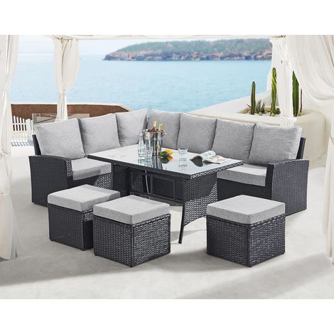 EVRE 9 Seat Marylin Corner Sofa & Dining Rattan Garden Furniture Set for Indoor Outdoor Patios Gardens Conservatories Black
