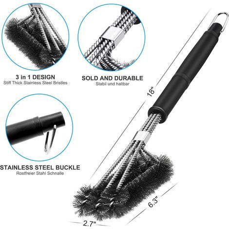Cepillo de limpieza 3 en 1 para barbacoa – Mango de 43,3 cm de largo – Cerdas de acero inoxidable para una limpieza rápida – Compatible con todas las parrillas (1/5)