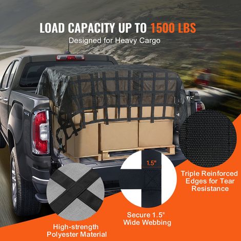 Filet de chargement 305x267 cm, filet remorque renfort polyester, 4 sangles réglables mousquetons crochets S, anti-abrasion intempéries, utilitaire pick-up 4x4 SUV bateau (1/5)